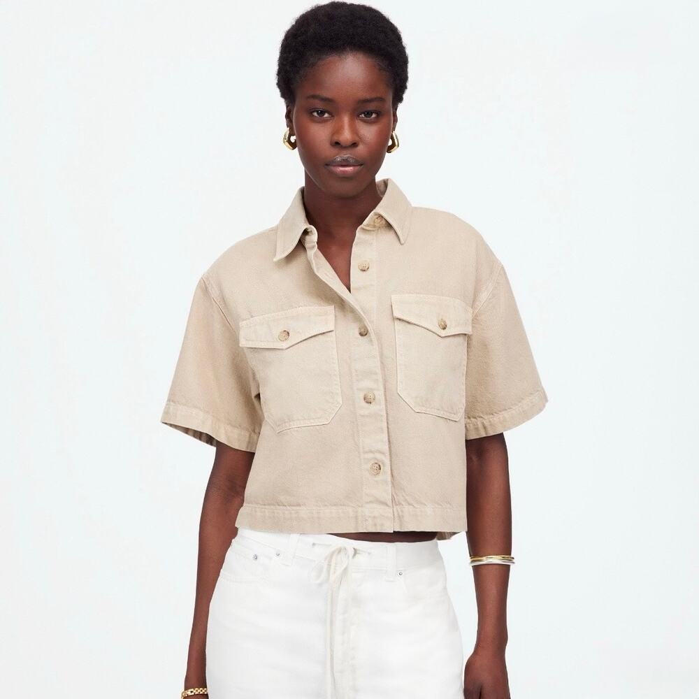 Madewell Boxy Crop Button-Up Shirt Airy Denim Edition L Faded Khaki